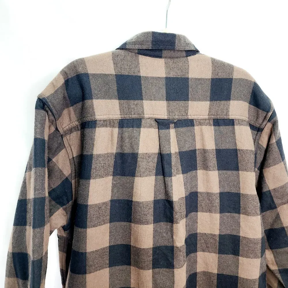 Men's Plaid Flannel Shirt Jacket Large Brown Buffalo Check Button Up Shacket